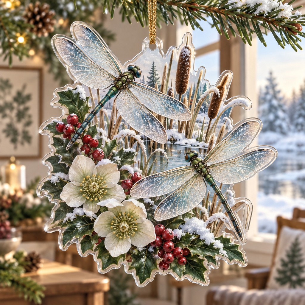 Winter Dragonfly Acrylic Christmas Ornament — digital product visualization