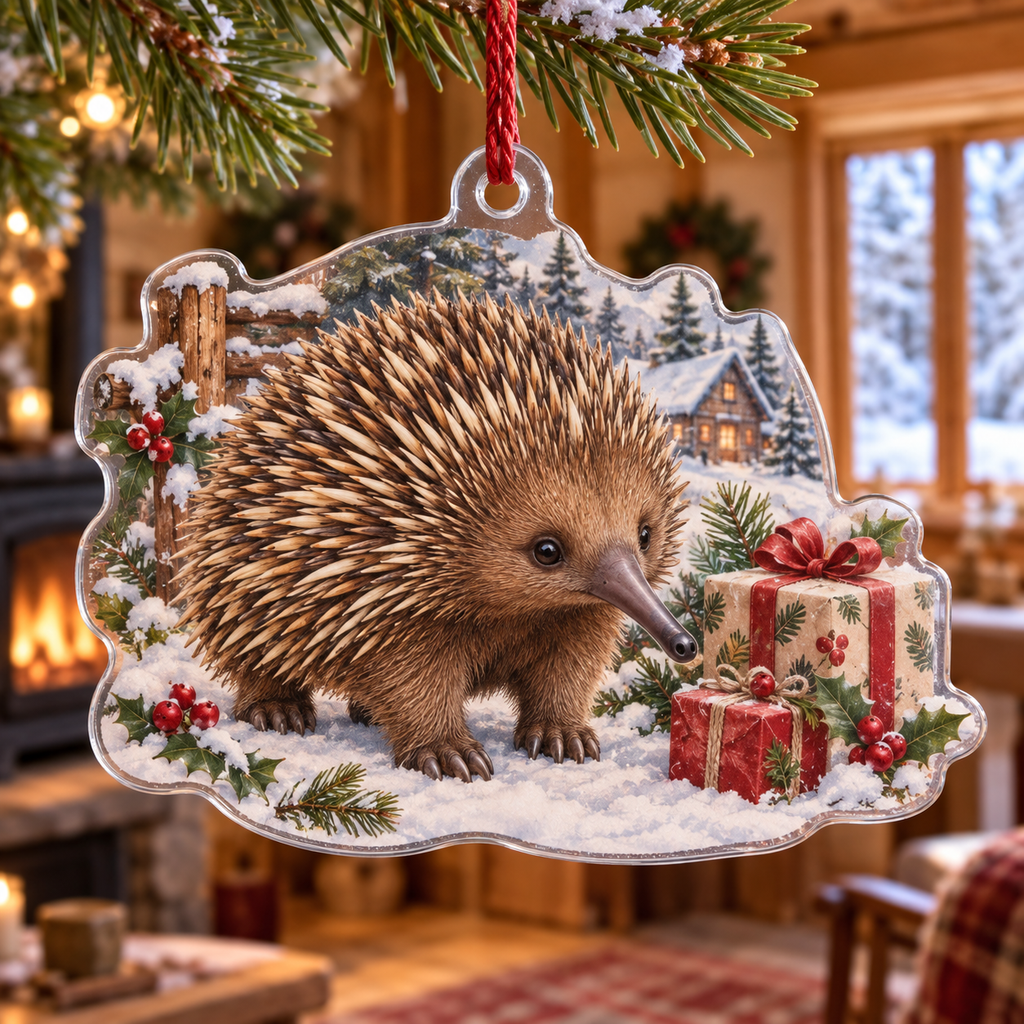 Winter Echidna Acrylic Christmas Ornament — digital product visualization