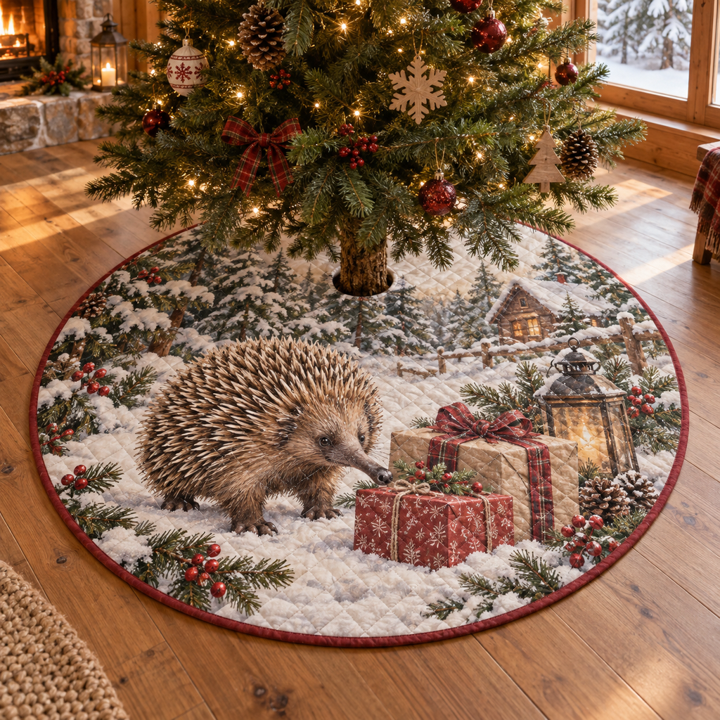 Winter Echidna Quilted Christmas Tree Skirt — digital product visualization