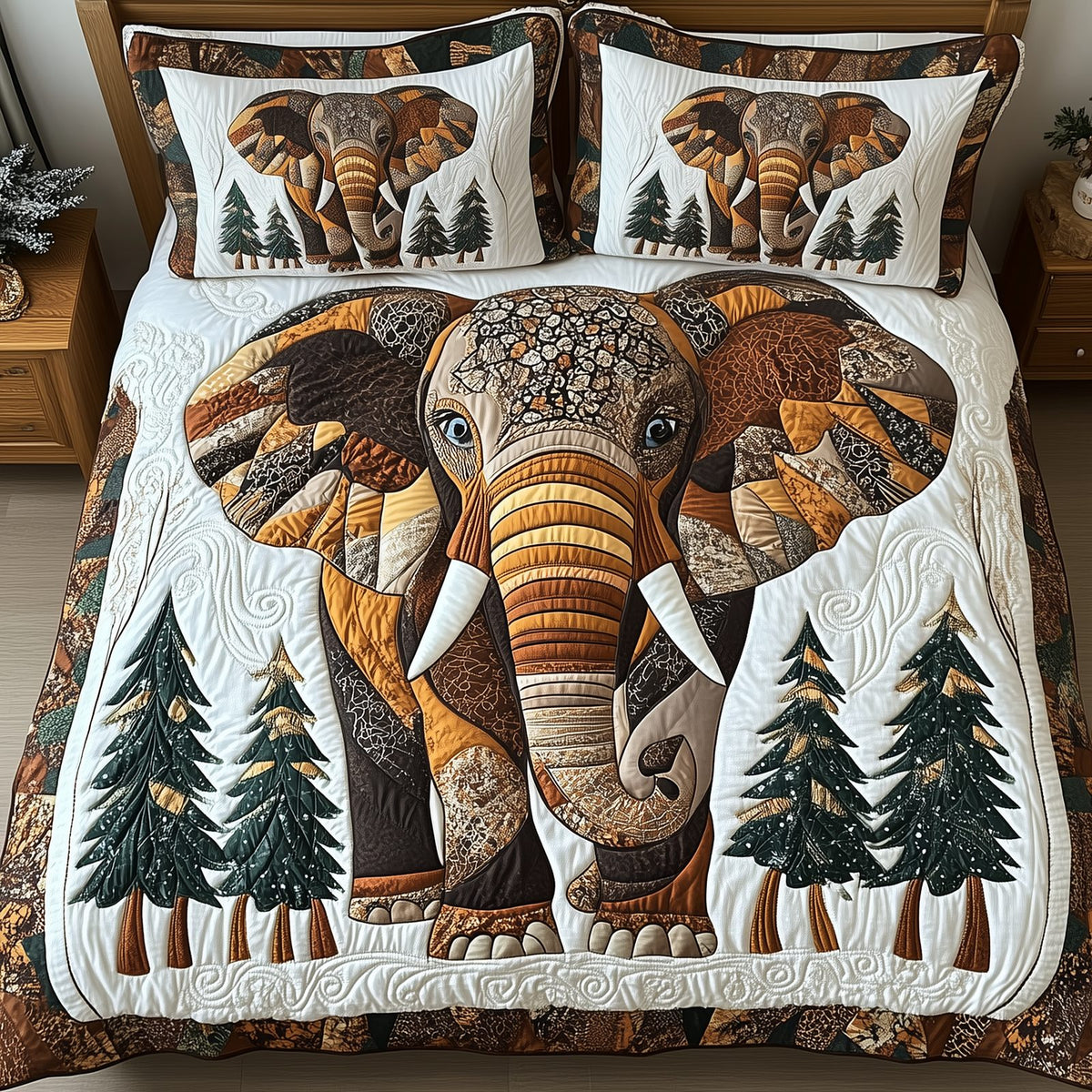 Winter Elephant Dark quilted 3-piece bedding set on a made bed in a winter-styled bedroom