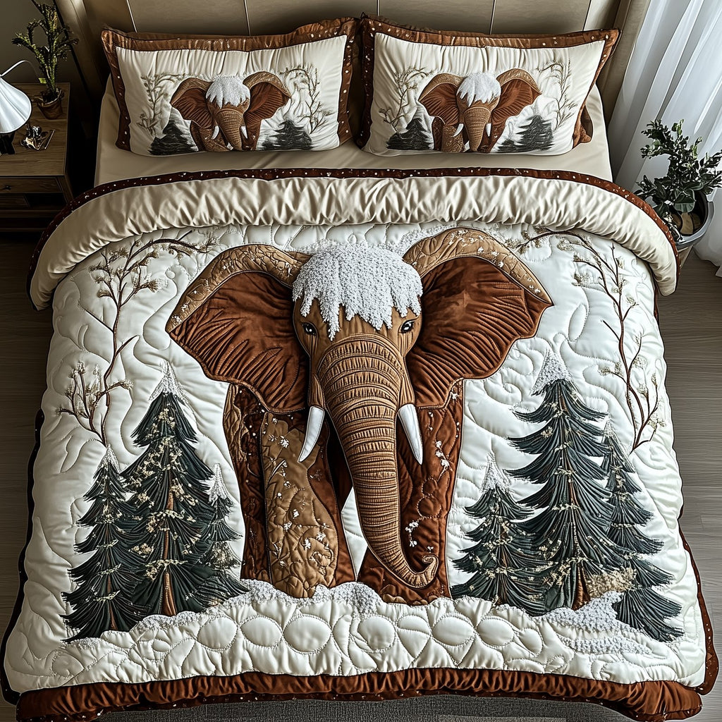 Winter Elephant Walk quilted 3-piece bedding set on a made bed in a winter-styled bedroom