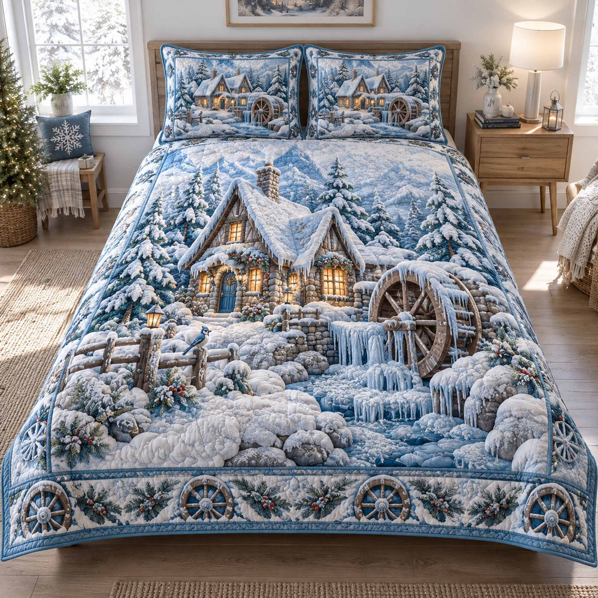 Winter Fairy Village quilted 3-piece bedding set on a made bed in a winter-styled bedroom