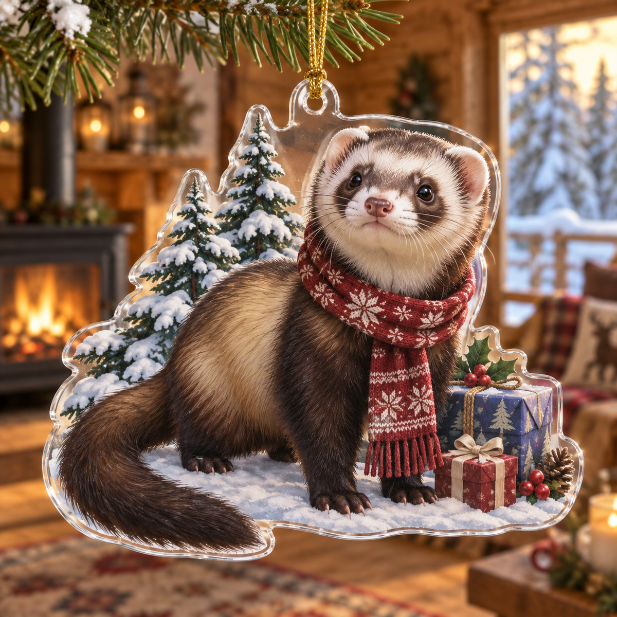Winter Ferret Acrylic Christmas Ornament — digital product visualization