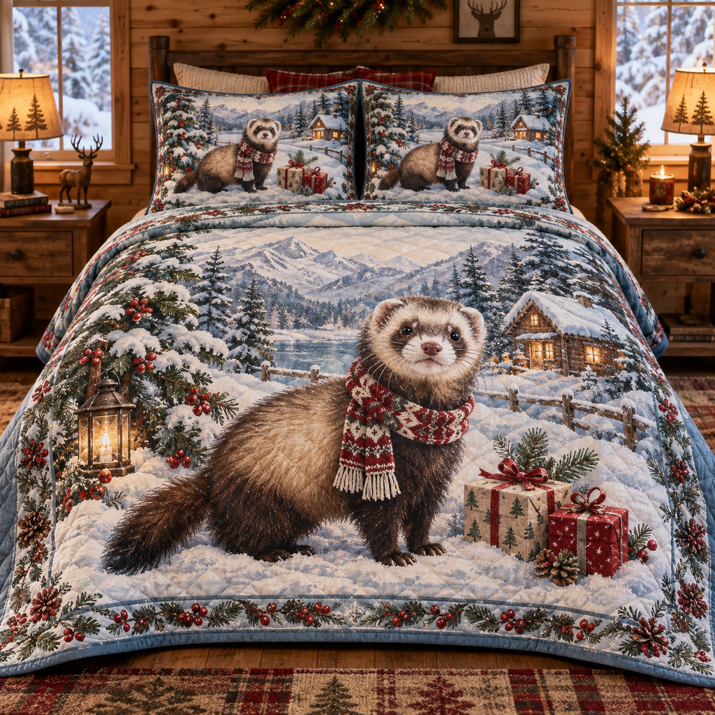 Winter Ferret Christmas 3-Piece Quilted Bedding Set — digital product visualization