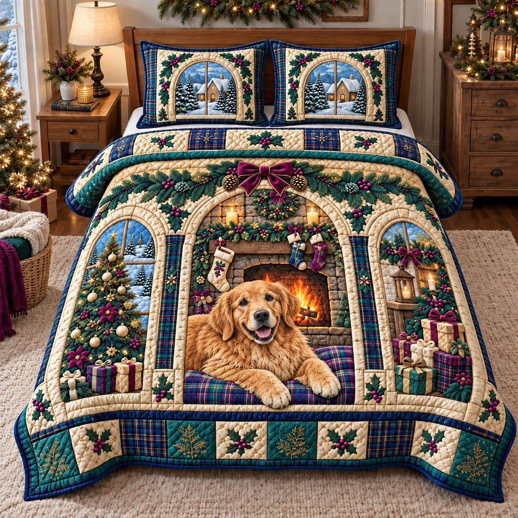 Winter Fireplace Golden Retriever quilted 3-piece bedding set on a made bed in a winter-styled bedroom