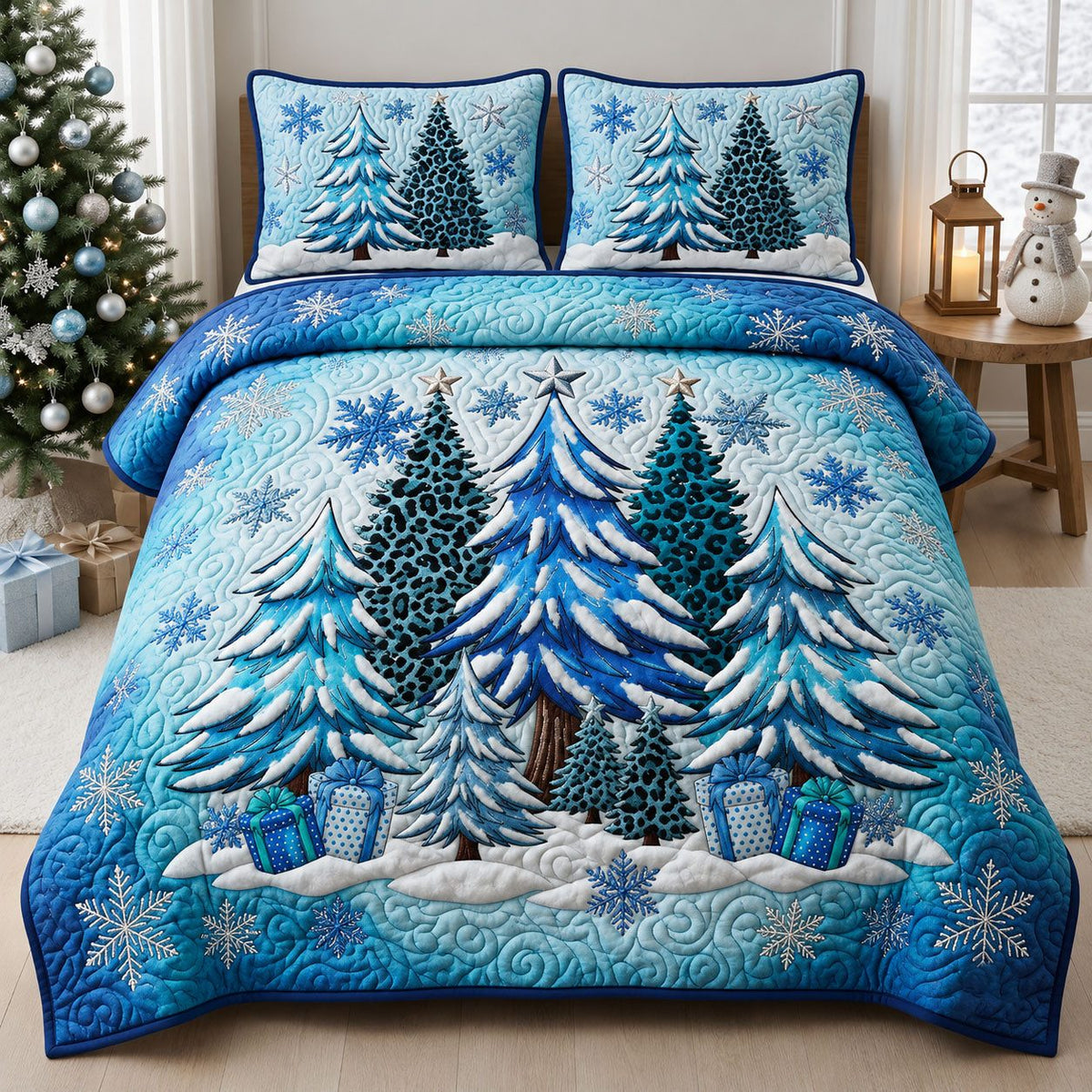 Winter Forest Blue quilted 3-piece bedding set on a made bed in a winter-styled bedroom