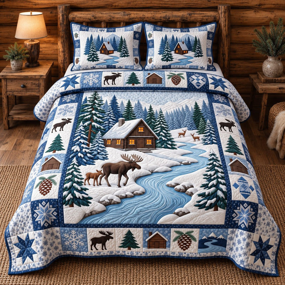 Winter Forest Charm quilted 3-piece bedding set on a made bed in a winter-styled bedroom