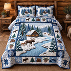 Winter Forest Charm quilted 3-piece bedding set on a made bed in a winter-styled bedroom
