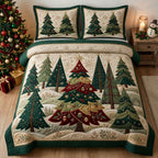 Winter Forest Green quilted 3-piece bedding set on a made bed in a winter-styled bedroom