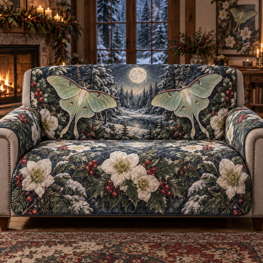 Winter Forest Moth Christmas Quilted Sofa Cover — digital product visualization