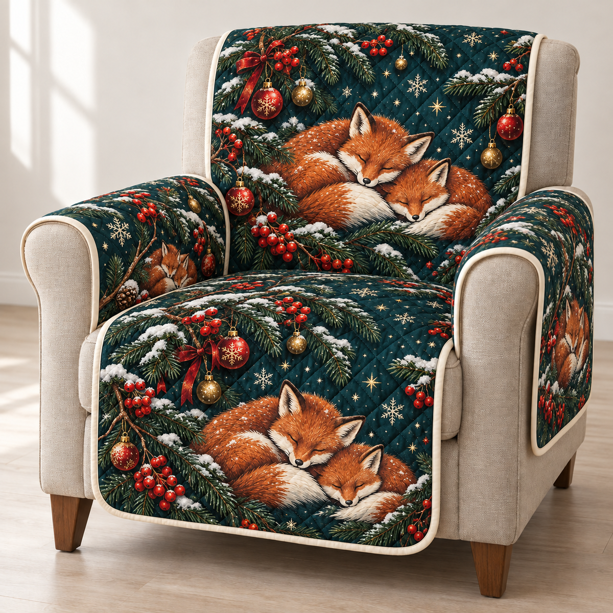 Christmas fox pair, rowan berries and baubles printed on a midnight teal quilted armchair cover with ivory binding; design mockup.