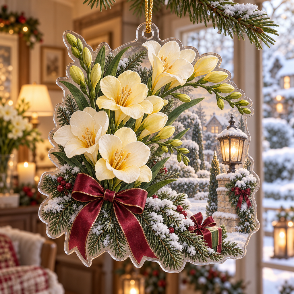 Winter Freesia Acrylic Christmas Ornament — digital product visualization