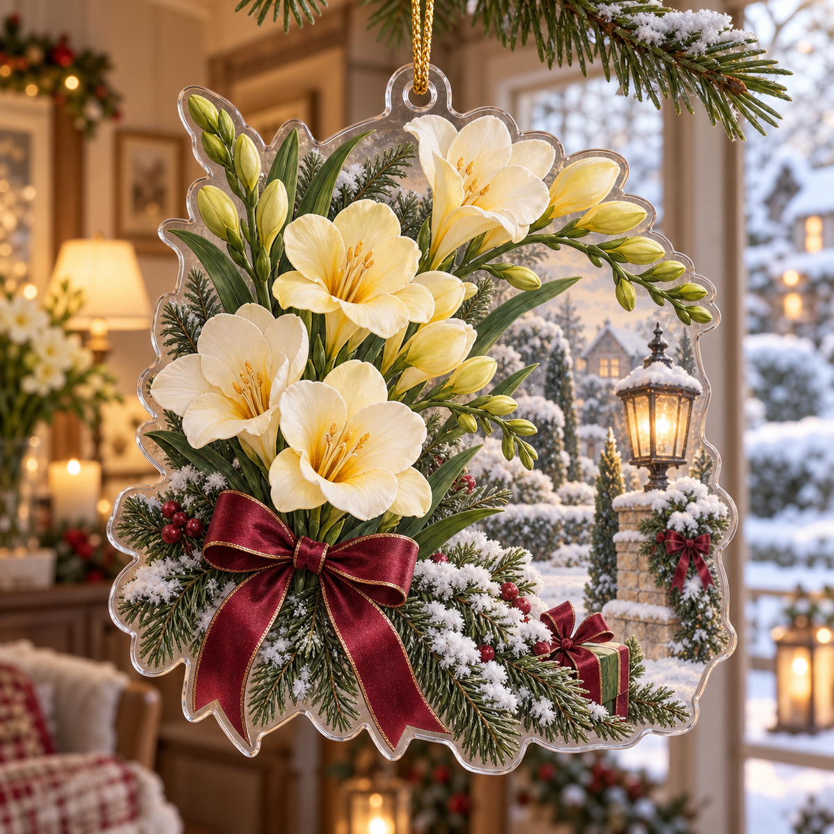 Winter Freesia Acrylic Christmas Ornament — digital product visualization