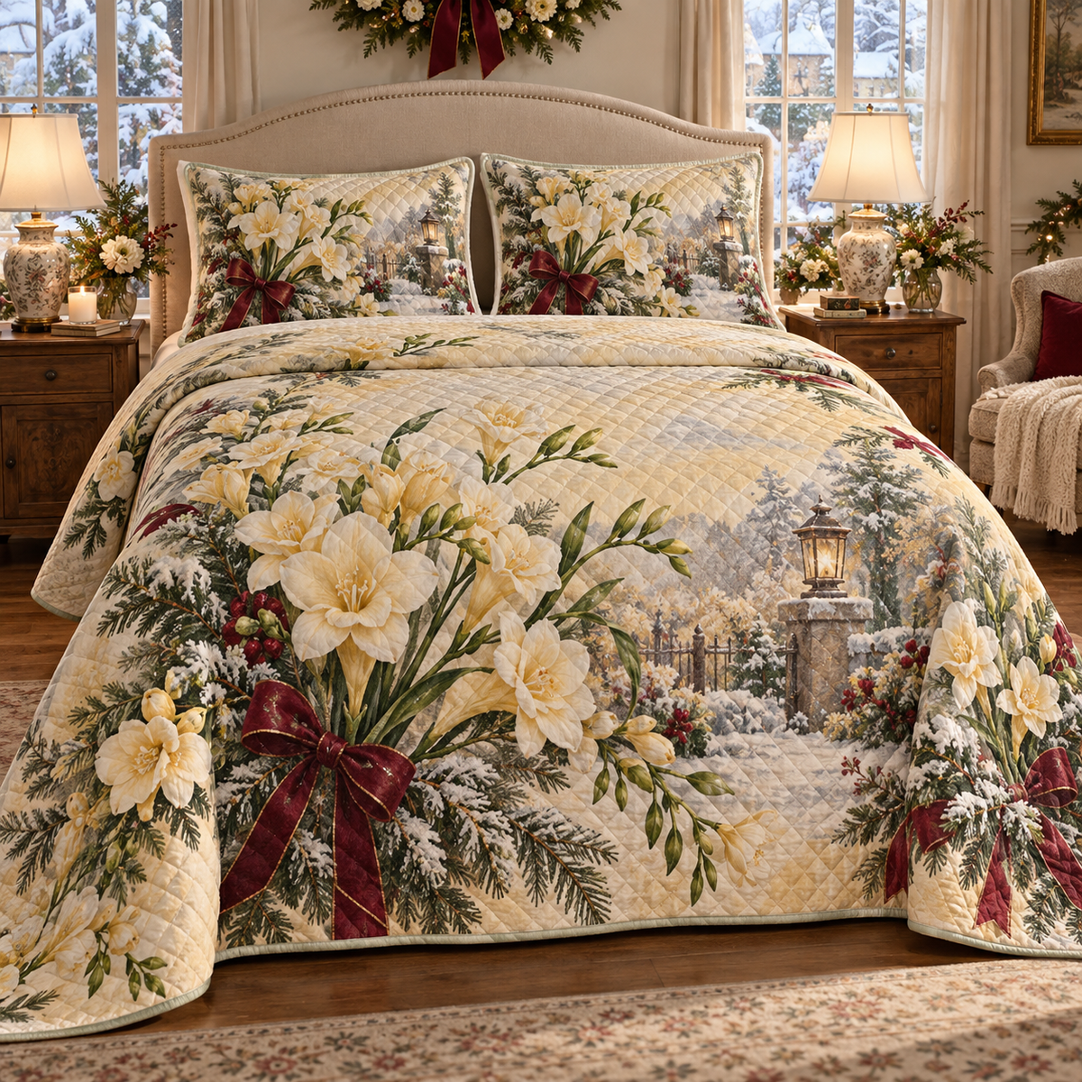 Winter Freesia Christmas 3-Piece Quilted Bedding Set — digital product visualization