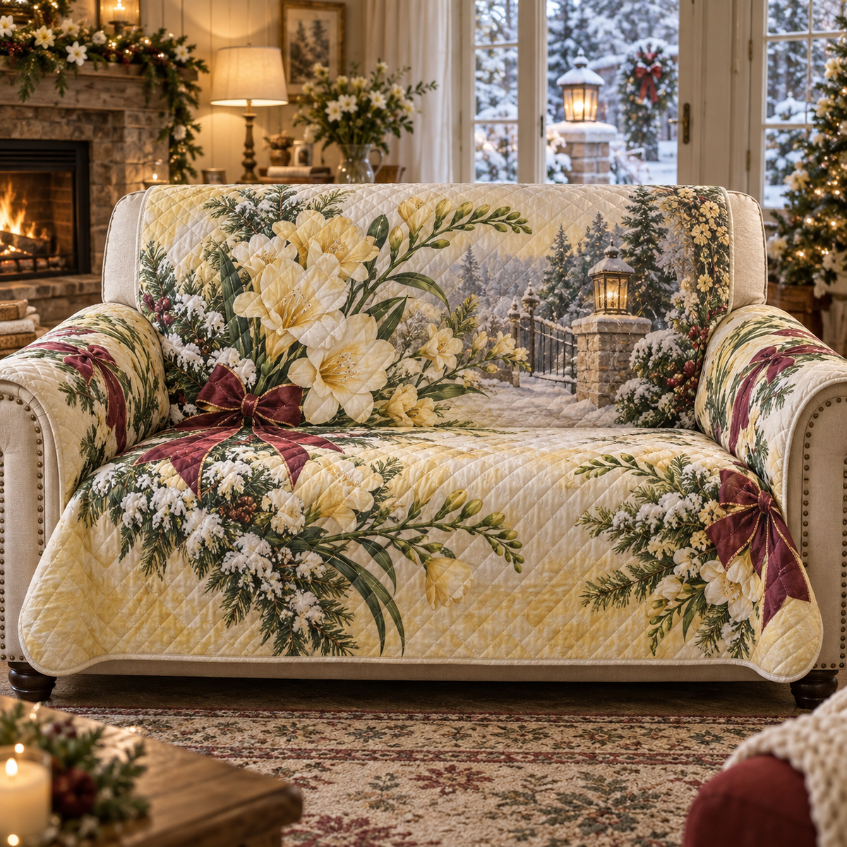 Winter Freesia Christmas Quilted Sofa Cover — digital product visualization