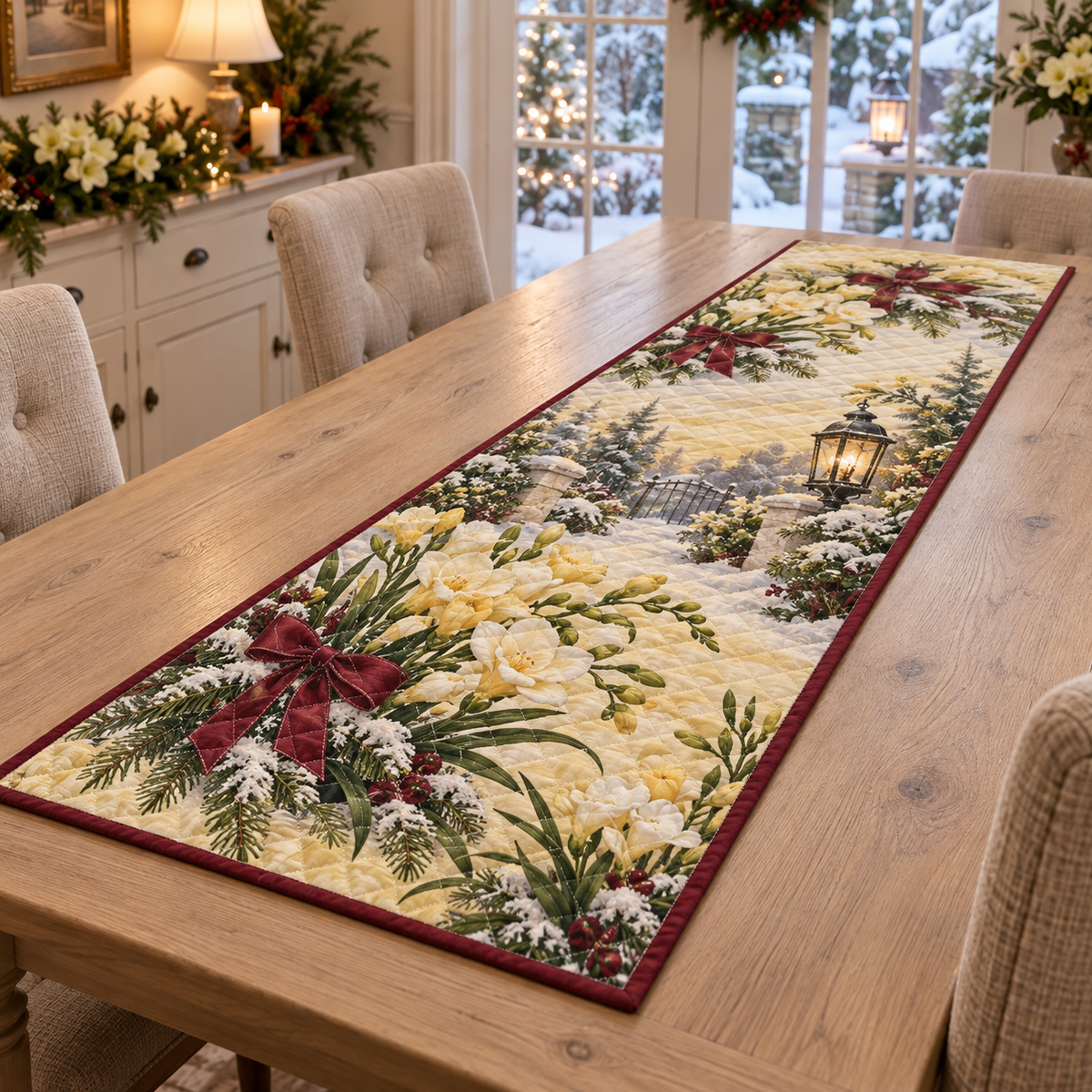 Winter Freesia Christmas Quilted Table Runner — digital product visualization