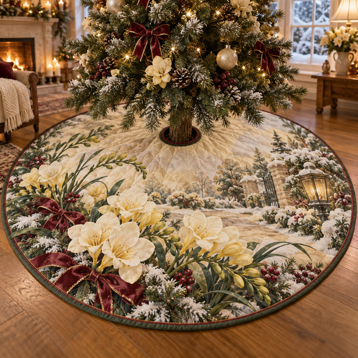 Winter Freesia Quilted Christmas Tree Skirt — digital product visualization