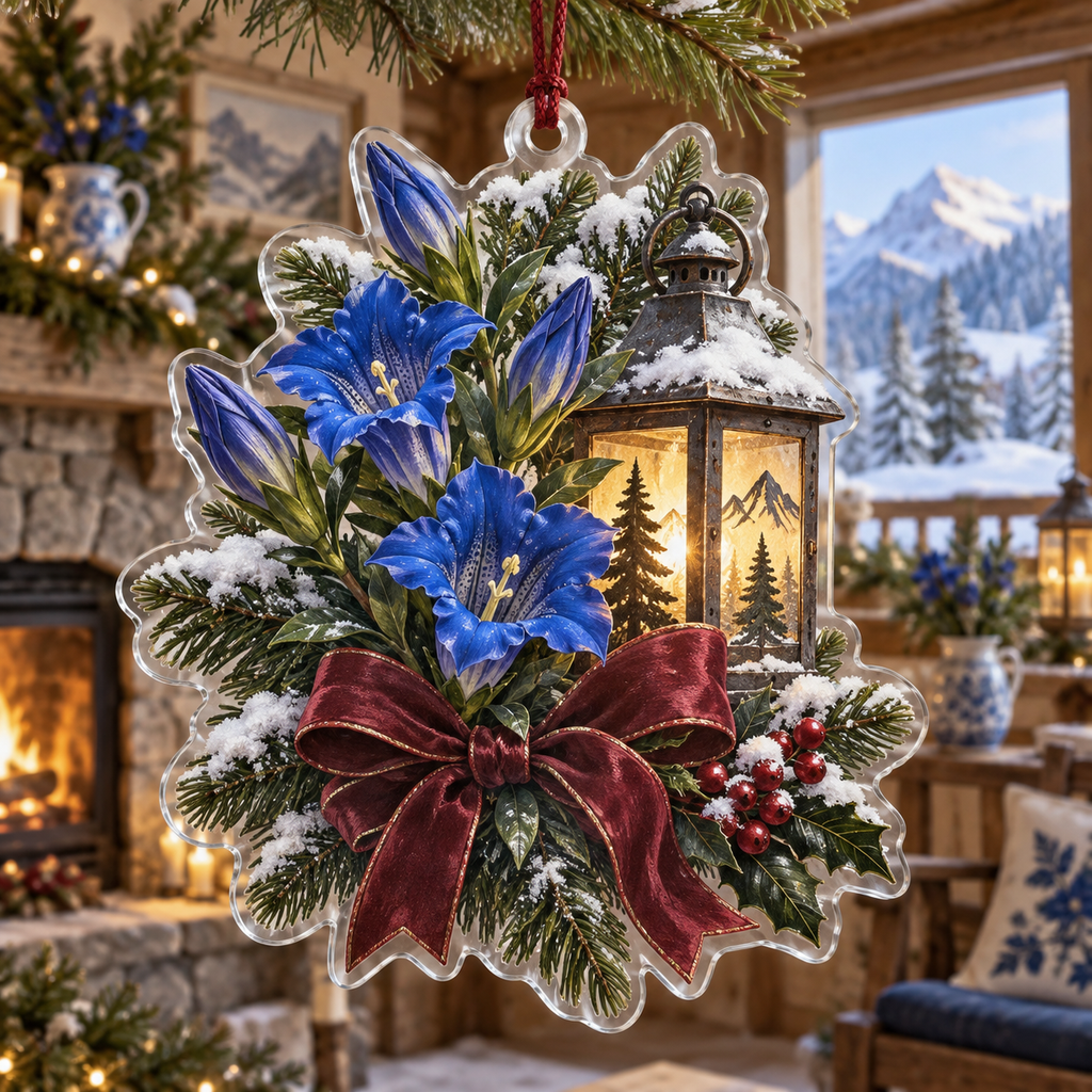 Winter Gentian Acrylic Christmas Ornament — digital product visualization
