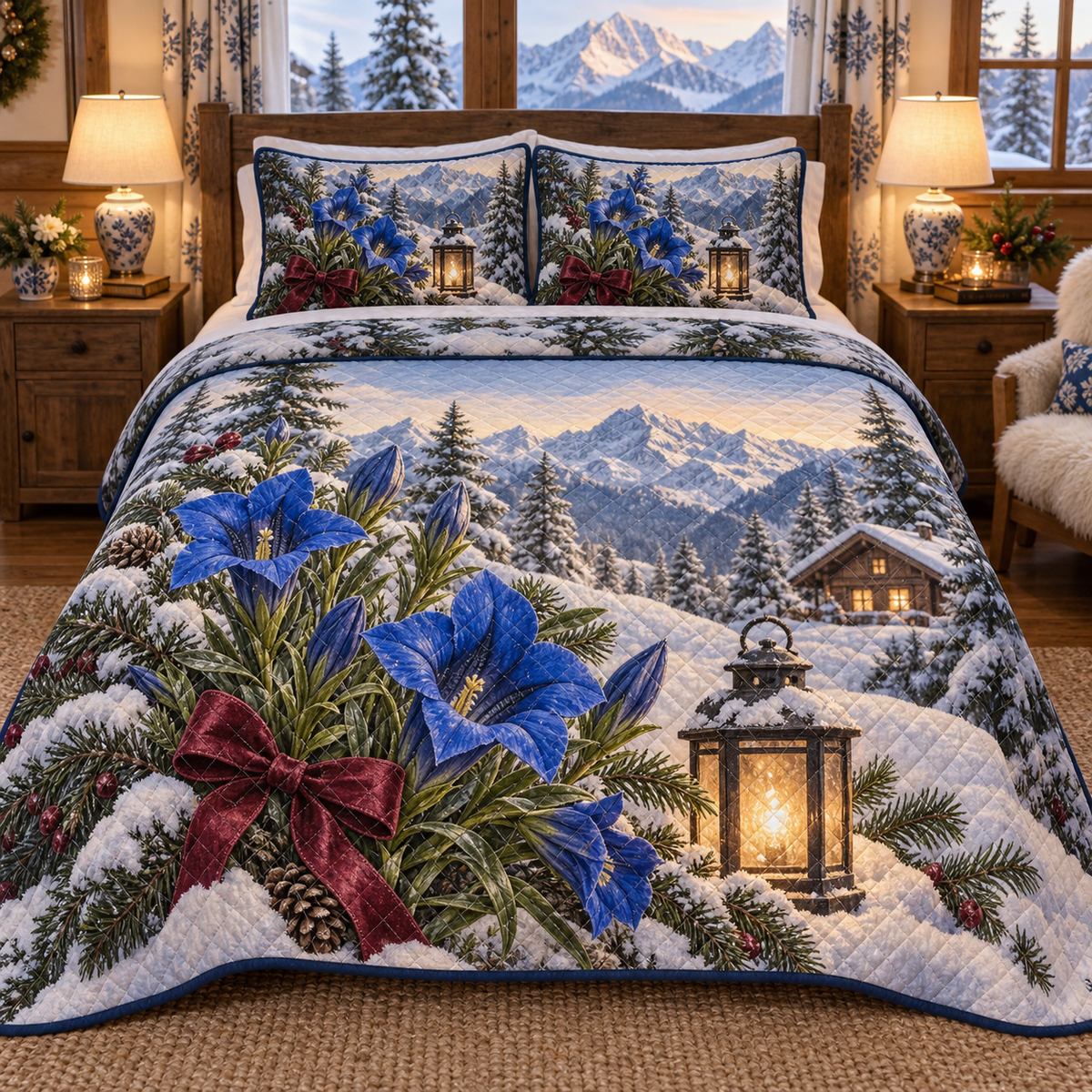 Winter Gentian Christmas 3-Piece Quilted Bedding Set — digital product visualization