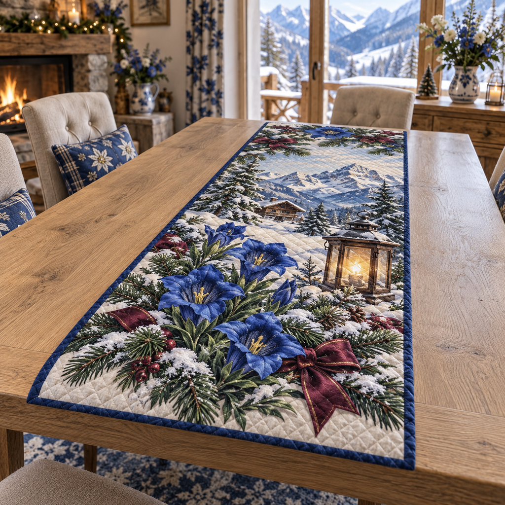 Winter Gentian Christmas Quilted Table Runner — digital product visualization