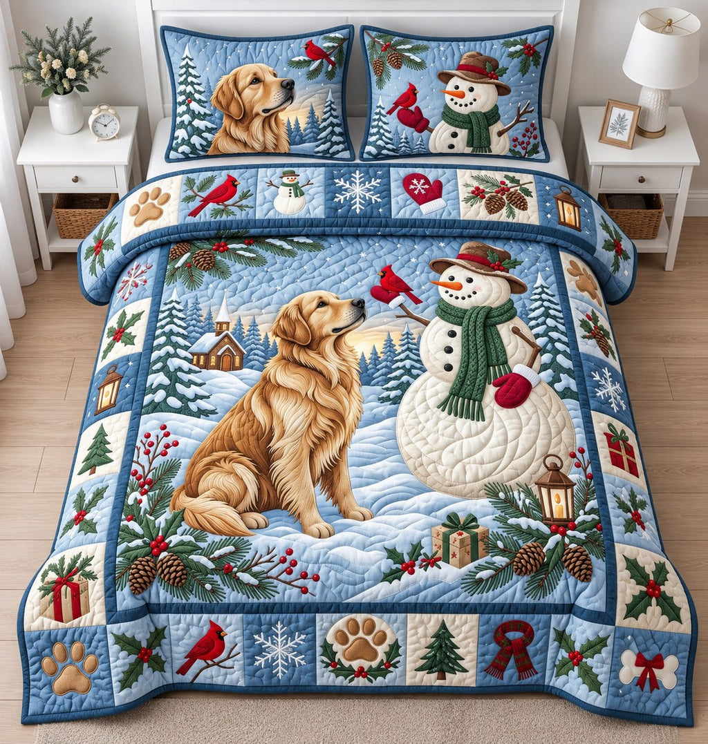 Winter Golden Retriever quilted 3-piece bedding set on a made bed in a winter-styled bedroom