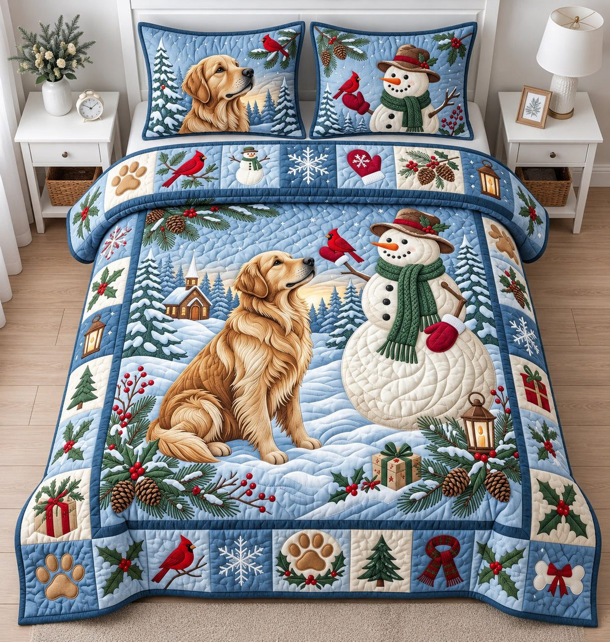 Winter Golden Retriever quilted 3-piece bedding set on a made bed in a winter-styled bedroom