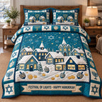 Winter Hanukkah Village quilted 3-piece bedding set on a made bed in a winter-styled bedroom