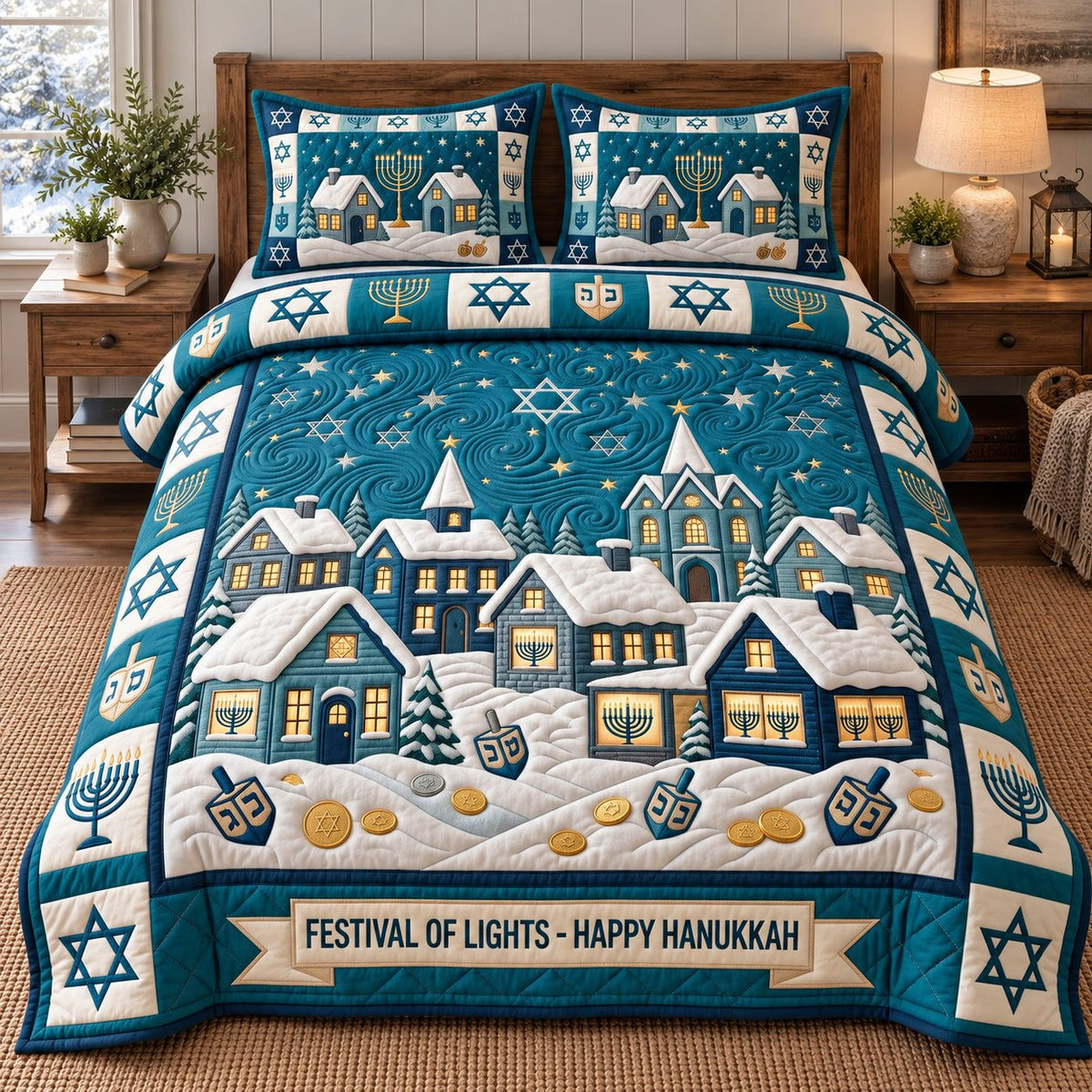 Winter Hanukkah Village quilted 3-piece bedding set on a made bed in a winter-styled bedroom