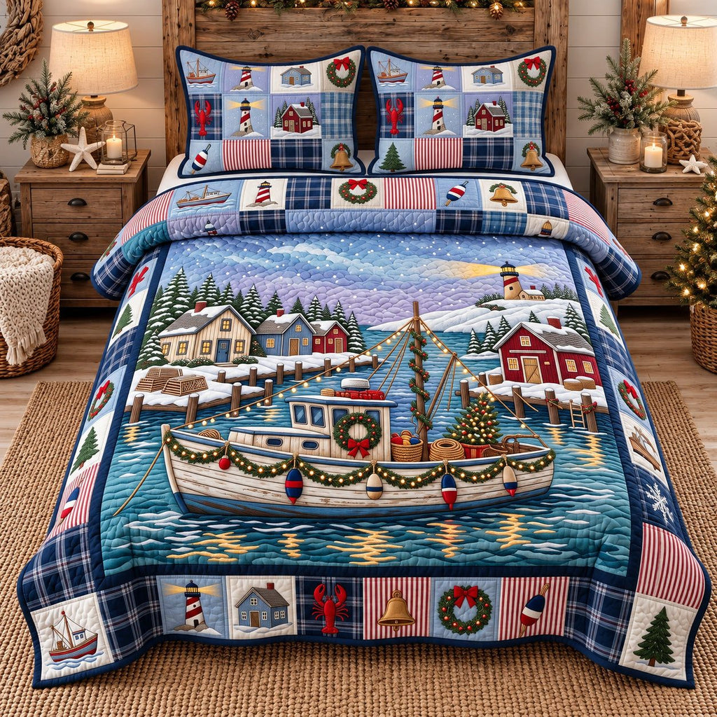 Winter Harbor Boat quilted 3-piece bedding set on a made bed in a winter-styled bedroom