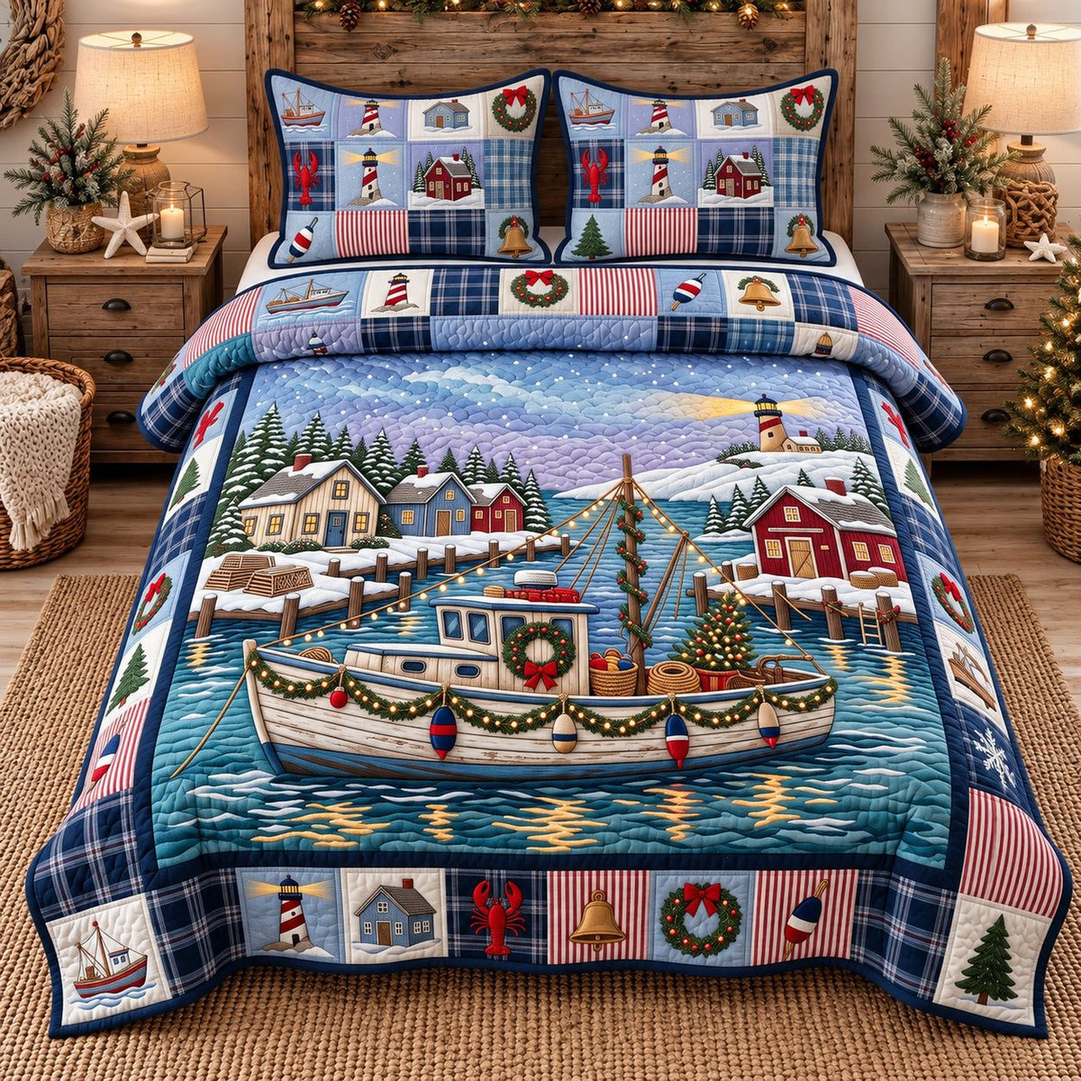 Winter Harbor Boat quilted 3-piece bedding set on a made bed in a winter-styled bedroom