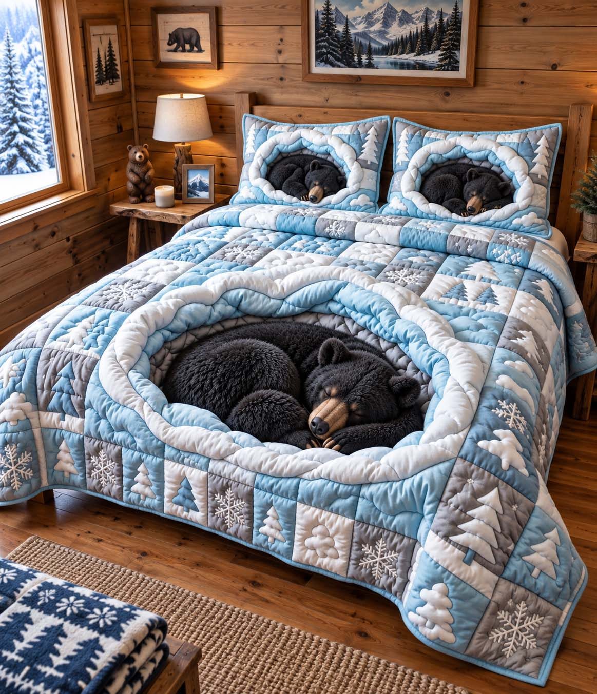 Winter Hibernation Bear quilted 3-piece bedding set on a made bed in a winter-styled bedroom
