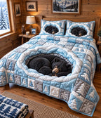 Winter Hibernation Bear quilted 3-piece bedding set on a made bed in a winter-styled bedroom