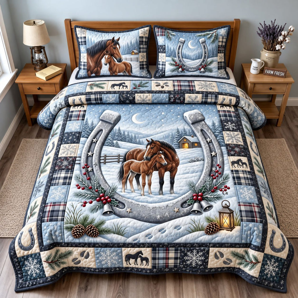 Winter Horse quilted 3-piece bedding set on a made bed in a winter-styled bedroom