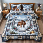 Winter Horse quilted 3-piece bedding set on a made bed in a winter-styled bedroom