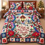 Winter Hummingbird Blossoms quilted 3-piece bedding set on a made bed in a winter-styled bedroom