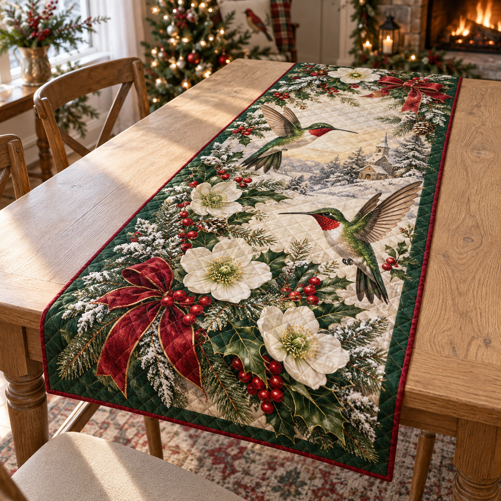 Winter Hummingbird Christmas Quilted Table Runner — digital product visualization