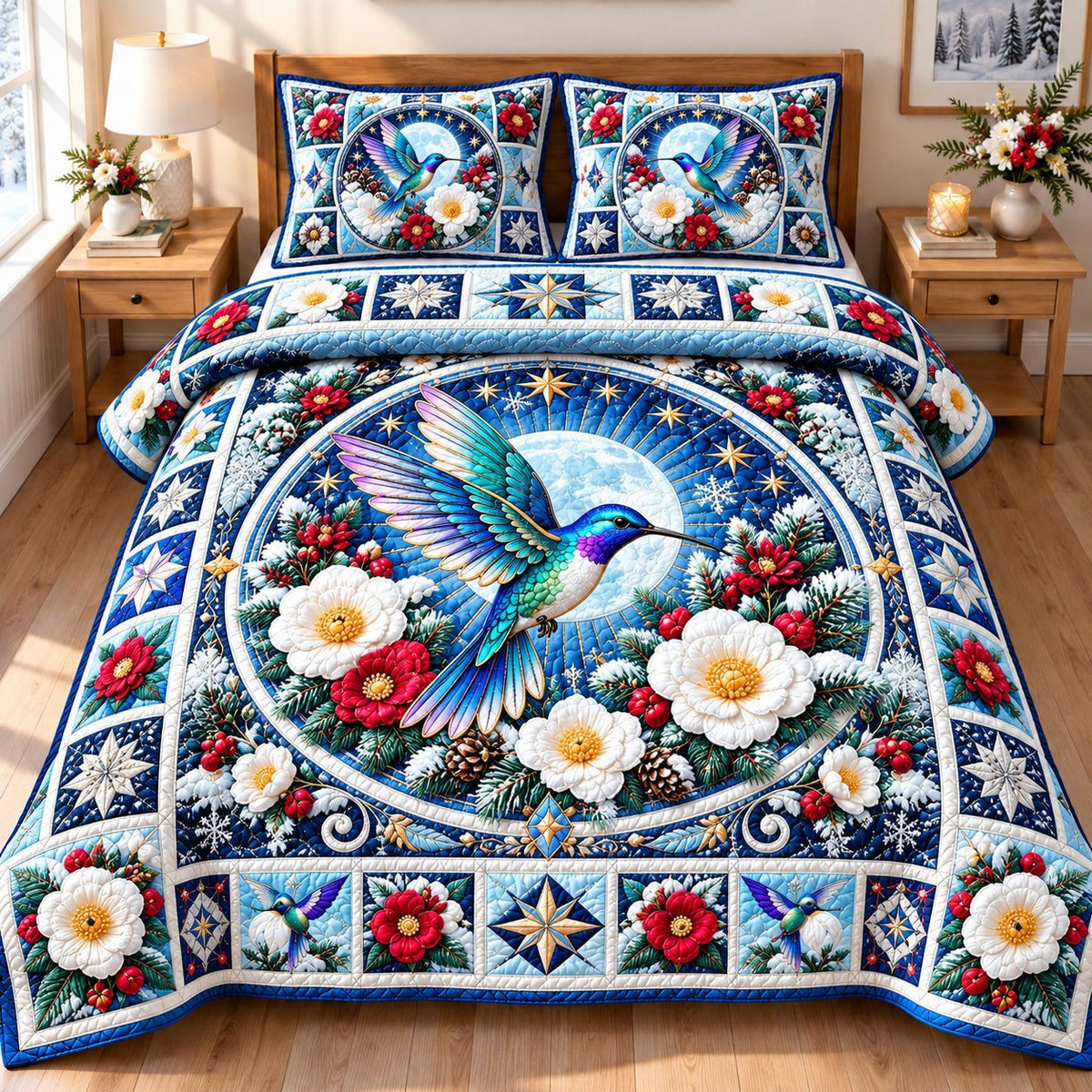 Winter Hummingbird Enchantment quilted 3-piece bedding set on a made bed in a winter-styled bedroom