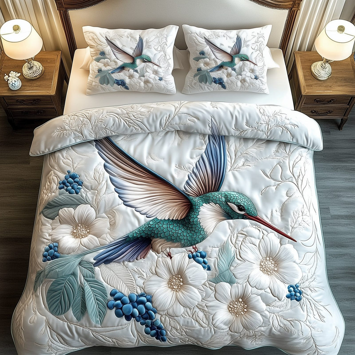 Winter Hummingbird Green quilted 3-piece bedding set on a made bed in a winter-styled bedroom