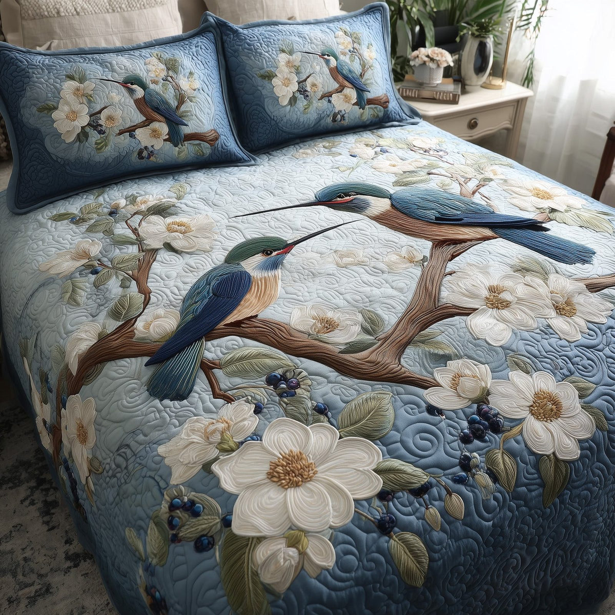 Winter Hummingbird Love Cream quilted 3-piece bedding set on a made bed in a winter-styled bedroom