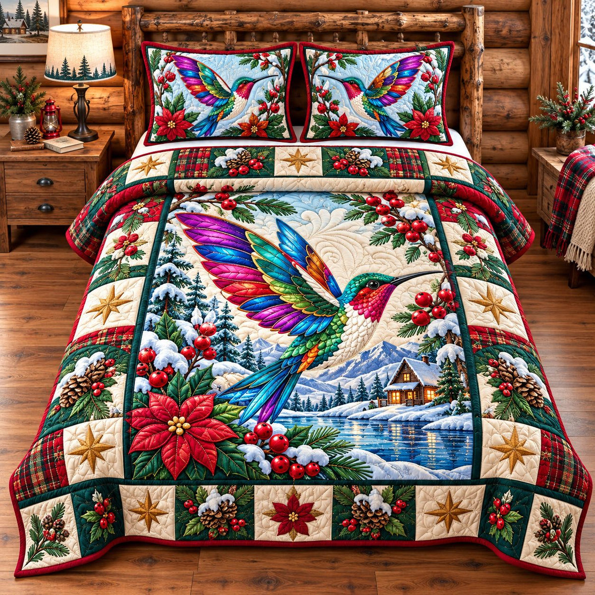 Winter Hummingbird Sanctuary quilted 3-piece bedding set on a made bed in a winter-styled bedroom