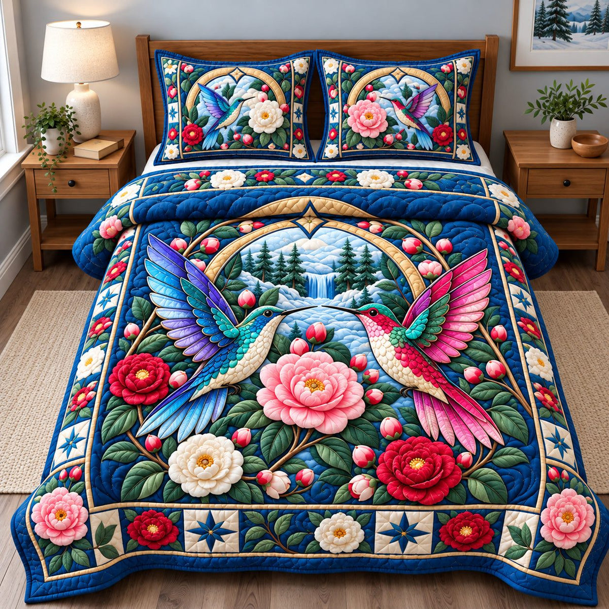 Winter Hummingbird Symphony quilted 3-piece bedding set on a made bed in a winter-styled bedroom