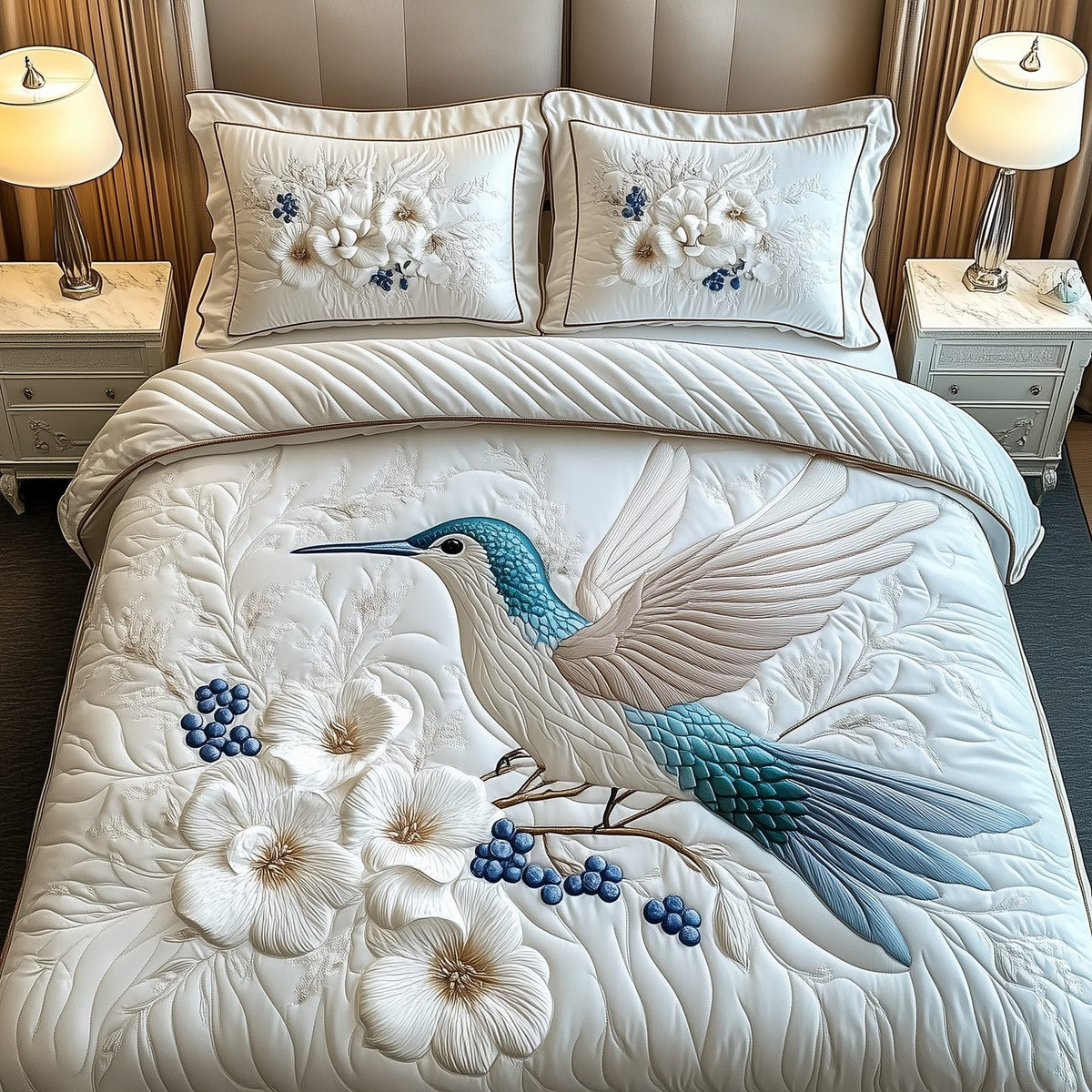 Winter Hummingbird White quilted 3-piece bedding set on a made bed in a winter-styled bedroom