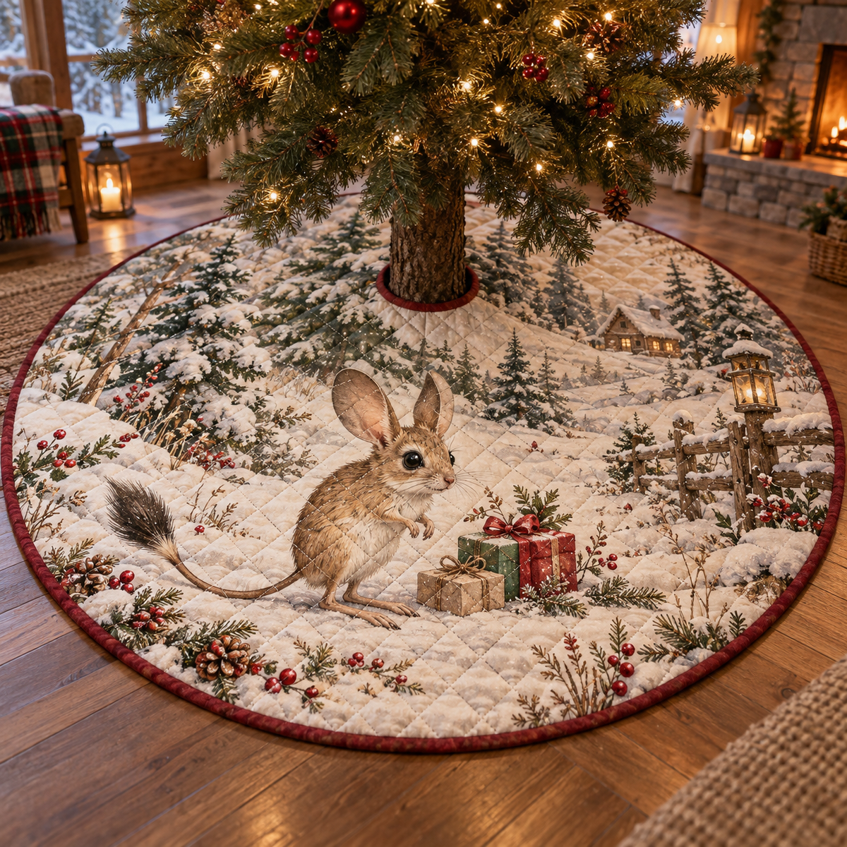 Winter Jerboa Quilted Christmas Tree Skirt — digital product visualization