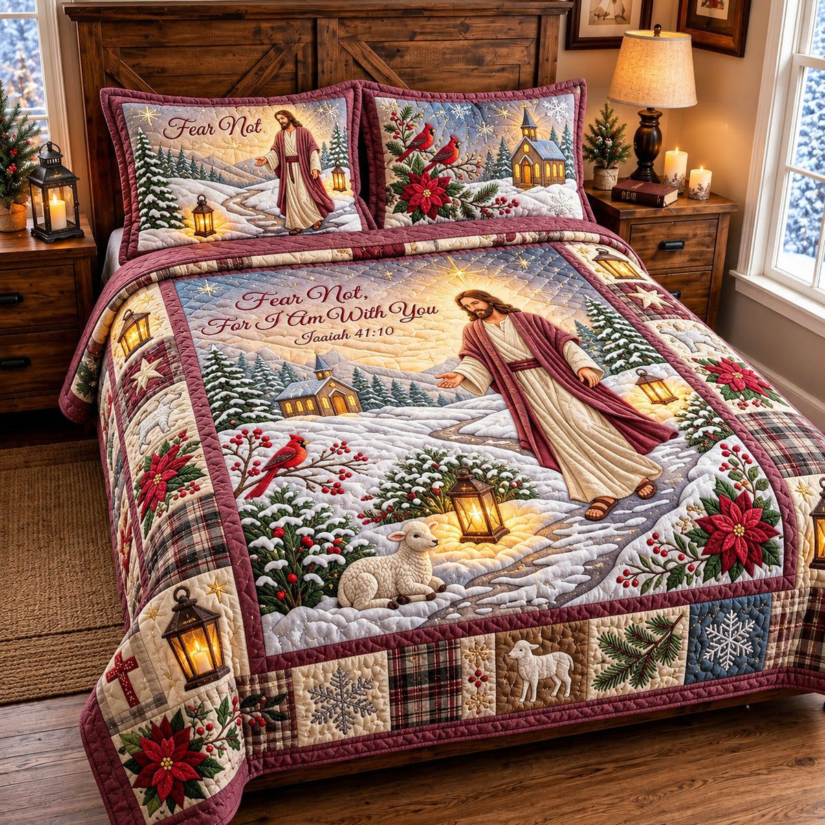 Winter Jesus quilted 3-piece bedding set on a made bed in a winter-styled bedroom