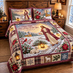 Winter Jesus quilted 3-piece bedding set on a made bed in a winter-styled bedroom