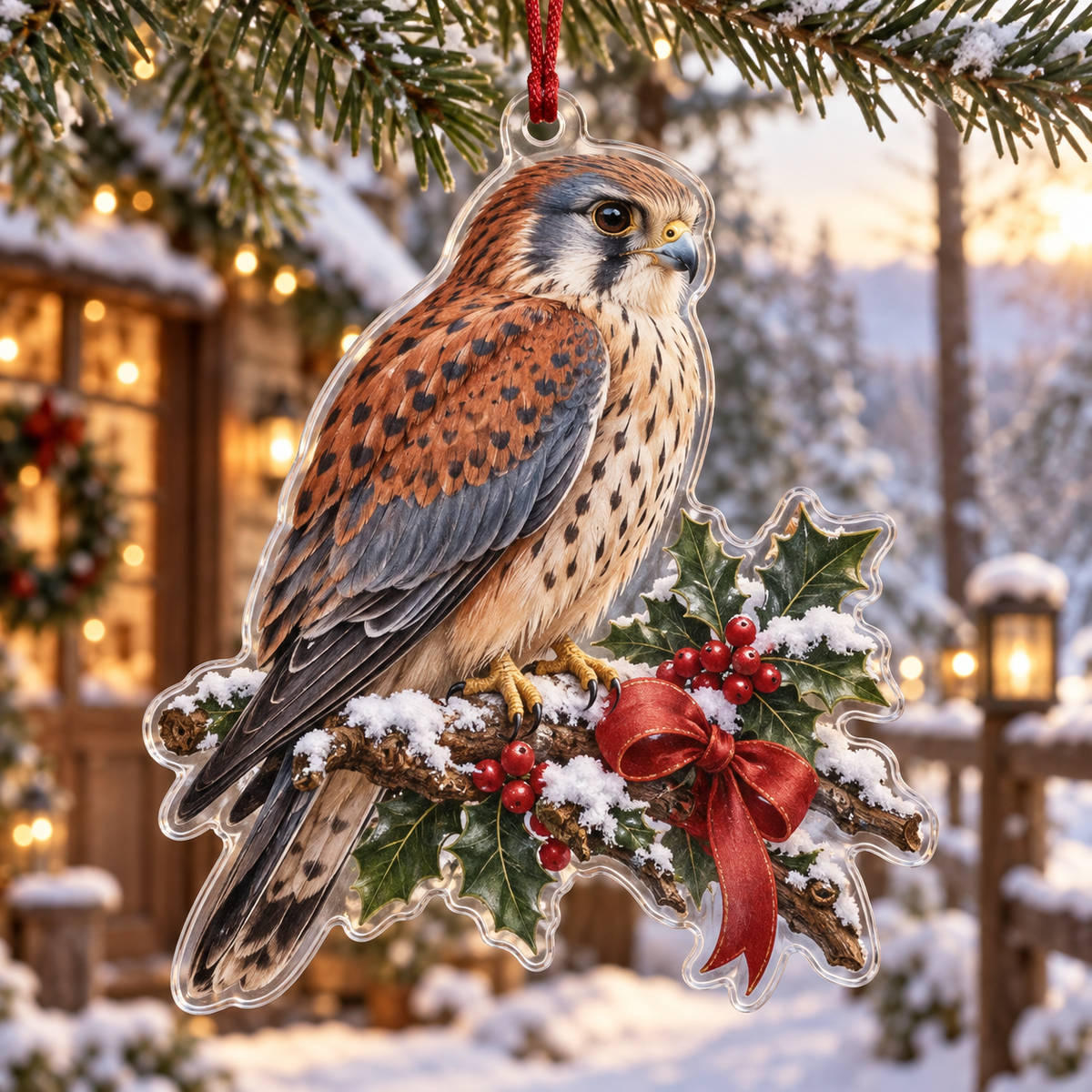 Winter Kestrel Acrylic Christmas Ornament — digital product visualization