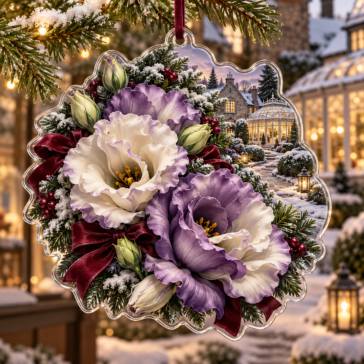 Winter Lisianthus Acrylic Christmas Ornament — digital product visualization