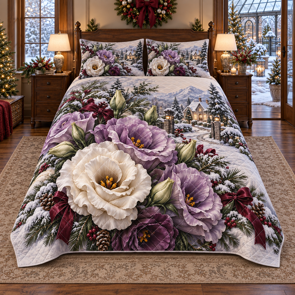 Winter Lisianthus Christmas 3-Piece Quilted Bedding Set — digital product visualization