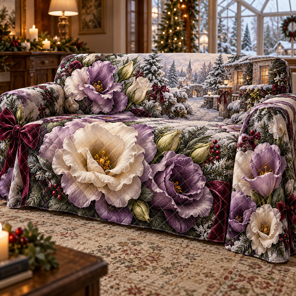Winter Lisianthus Christmas Quilted Sofa Cover — digital product visualization