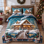 Winter Lodge Glow quilted 3-piece bedding set on a made bed in a winter-styled bedroom